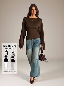 SHEIN Tall تي شيرت بياقة قارب وأكمام بوق - بني - مشاهدة 2