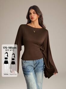 SHEIN Tall تي شيرت بياقة قارب وأكمام بوق - بني - مشاهدة 3