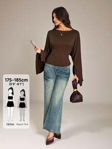 SHEIN Tall تي شيرت بياقة قارب وأكمام بوق - بني - مشاهدة 5