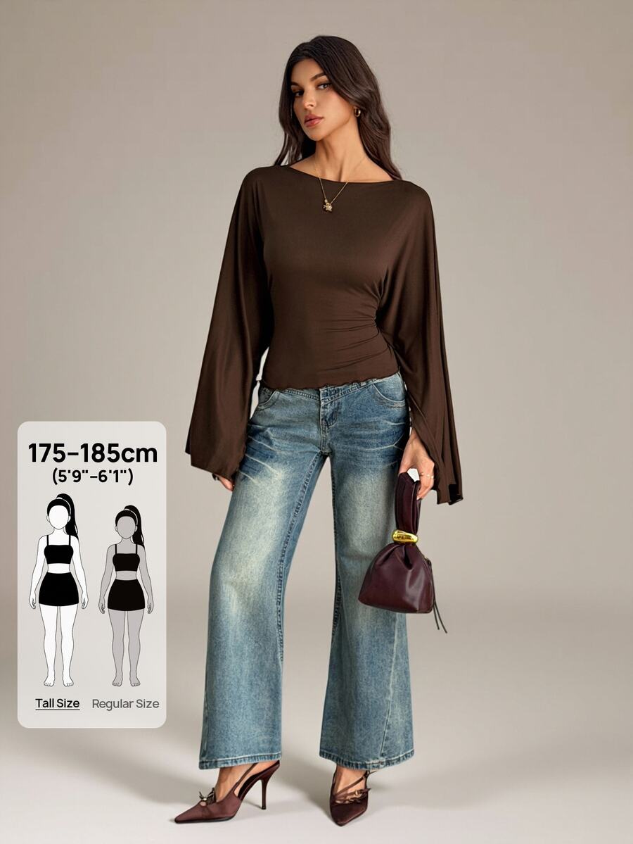 SHEIN Tall تي شيرت بياقة قارب وأكمام بوق - بني - مشاهدة 1