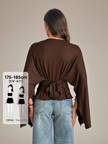 SHEIN Tall تي شيرت بياقة قارب وأكمام بوق - بني - مشاهدة 6