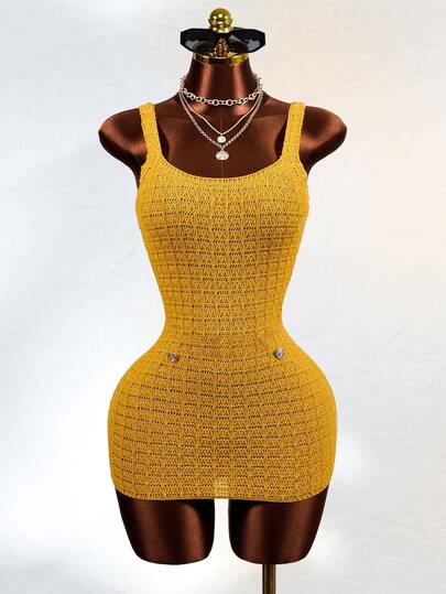 Mistrie Women's Yellow Sweater Dress With Metal Buttons, Mustard Yellow Round Neck Vest, Argyle Textured Pattern, Short Fitted Sexy Casual Minimalist Outfit Dress