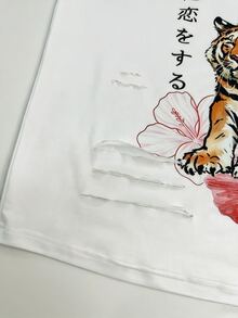 Lalippa 女款寬鬆短袖上衣，虎紋圖案與做舊細節，百搭時尚單品 - 彩色 - 查看 4