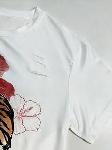 Lalippa 女款寬鬆短袖上衣，虎紋圖案與做舊細節，百搭時尚單品 - 彩色 - 查看 3