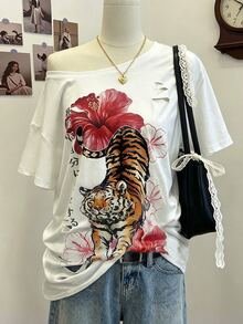 Lalippa 女款寬鬆短袖上衣，虎紋圖案與做舊細節，百搭時尚單品 - 彩色 - 查看 1