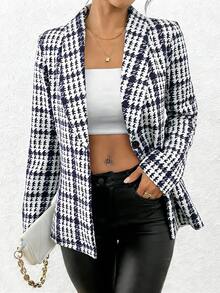 SHEIN Women's Long Sleeve Fitted Blazer, Plaid Winter Houndstooth Pattern Business Casual Office Wear High Quality - Blue and White - View 5