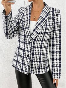 SHEIN Women's Long Sleeve Fitted Blazer, Plaid Winter Houndstooth Pattern Business Casual Office Wear High Quality - Blue and White - View 3