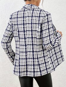 SHEIN Women's Long Sleeve Fitted Blazer, Plaid Winter Houndstooth Pattern Business Casual Office Wear High Quality - Blue and White - View 2