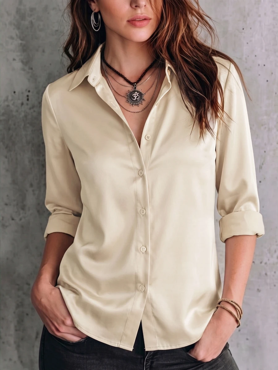 EMERY ROSE Women's Solid Color Casual Versatile Daily Wear Shirt - Khaki - View 1