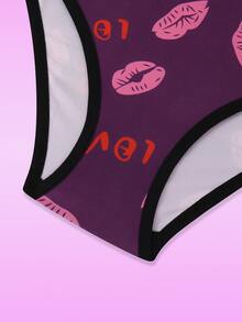 SHEIN Women's Lip Print & Letter Print Bra And Panty Lingerie Set - Purple - View 6