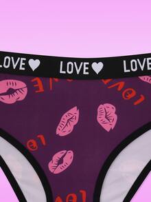 SHEIN Women's Lip Print & Letter Print Bra And Panty Lingerie Set - Purple - View 5