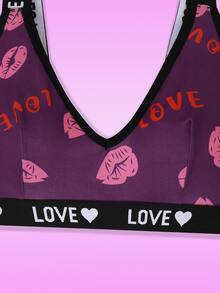 SHEIN Women's Lip Print & Letter Print Bra And Panty Lingerie Set - Purple - View 3