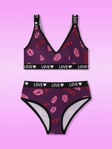 SHEIN Women's Lip Print & Letter Print Bra And Panty Lingerie Set - Purple - View 1