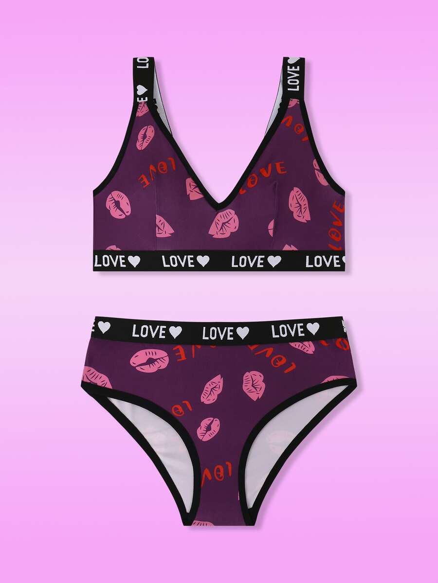 SHEIN Women's Lip Print & Letter Print Bra And Panty Lingerie Set - Purple - View 1