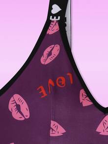 SHEIN Women's Lip Print & Letter Print Bra And Panty Lingerie Set - Purple - View 4