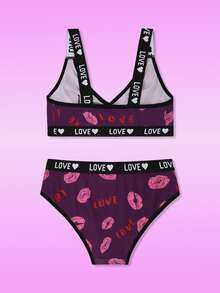 SHEIN Women's Lip Print & Letter Print Bra And Panty Lingerie Set - Purple - View 2