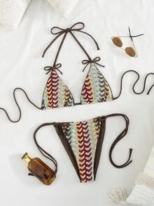 Swim Vcay 女士夏季纹理面料挂脖比基尼，侧系带泳裤 - 彩色 - 查看 1