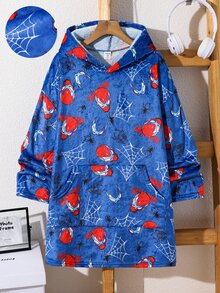 SHEIN 兒童青少年男孩秋冬款圖案連帽長袖袋鼠口袋抓絨長款睡衣 - 藏蓝色 - 查看 7