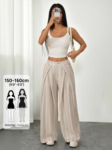 SHEIN PETITE Women's Striped Wide Leg Suit Pants With Pleated Details - Khaki - View 5