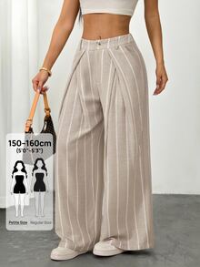 SHEIN PETITE Women's Striped Wide Leg Suit Pants With Pleated Details - Khaki - View 7