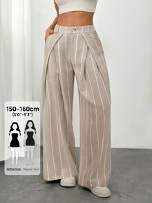 SHEIN PETITE Women's Striped Wide Leg Suit Pants With Pleated Details - Khaki - View 2