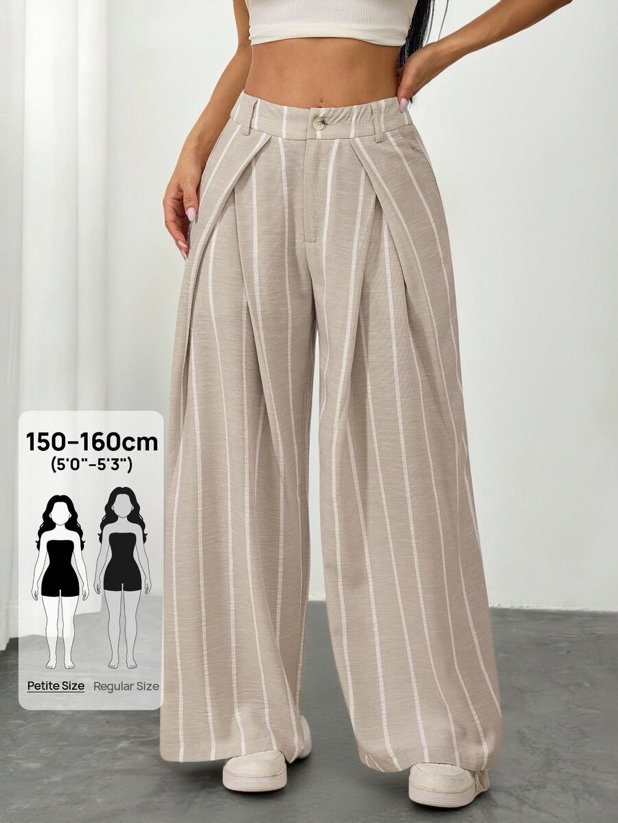 SHEIN PETITE Women's Striped Wide Leg Suit Pants With Pleated Details - Khaki - View 1