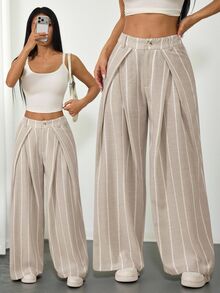 SHEIN PETITE Women's Striped Wide Leg Suit Pants With Pleated Details - Khaki - View 6
