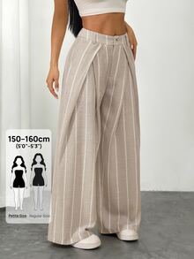 SHEIN PETITE Women's Striped Wide Leg Suit Pants With Pleated Details - Khaki - View 3