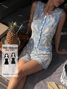 SHEIN PETITE 女款休閒熱帶風歐式拼接針織短褲，百搭日常穿著，夏季海灘度假時尚藍色 - 藍色 - 查看 7