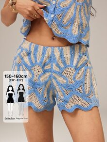 SHEIN PETITE 女款休閒熱帶風歐式拼接針織短褲，百搭日常穿著，夏季海灘度假時尚藍色 - 藍色 - 查看 4