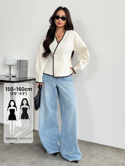SHEIN PETITE Capispalla da donna autunno/inverno, giacca a doppio petto tinta unita, blazer slim fit con ricamo a contrasto, elegante abbigliamento da ufficio nero & bianco