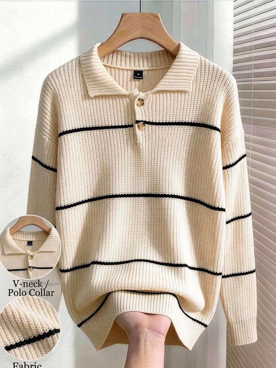 RONVEXI Men's Striped Polo Collar Long Sleeve Casual Sweater - Multicolor - View 1