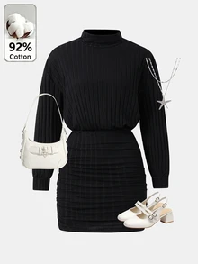 SHEIN 青少年女孩純色立領長袖洋裝 - 彩色 - 查看 1