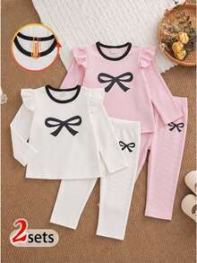SHEIN Playful Pals 2套女嬰幼兒女孩T恤與長褲套裝，可愛甜美粉色白色蝴蝶結荷葉邊羅紋長袖圓領常規款，生日秋季舒適公主風玩耍穿搭 - 彩色 - 查看 1