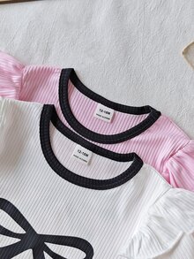 SHEIN Playful Pals 2套女嬰幼兒女孩T恤與長褲套裝，可愛甜美粉色白色蝴蝶結荷葉邊羅紋長袖圓領常規款，生日秋季舒適公主風玩耍穿搭 - 彩色 - 查看 5