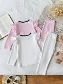SHEIN Playful Pals 2套女嬰幼兒女孩T恤與長褲套裝，可愛甜美粉色白色蝴蝶結荷葉邊羅紋長袖圓領常規款，生日秋季舒適公主風玩耍穿搭 - 彩色 - 查看 2