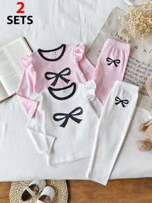 SHEIN Playful Pals 2套女嬰幼兒女孩T恤與長褲套裝，可愛甜美粉色白色蝴蝶結荷葉邊羅紋長袖圓領常規款，生日秋季舒適公主風玩耍穿搭 - 彩色 - 查看 9