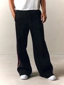 PLAYBOY X SUMWON Wide Leg Track Pants With Burgundy Side Panel Contrast Piping Embroidered Script Logo Drawstring Waist Full Length - Black - View 4