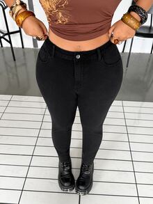 SHEIN Essnce Plus Size Women's Outdoor Commute Slim Fit Multi-Pocket Black Denim Jeans - Black - View 6