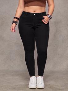 SHEIN Essnce Plus Size Women's Outdoor Commute Slim Fit Multi-Pocket Black Denim Jeans - Black - View 7
