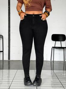 SHEIN Essnce Plus Size Women's Outdoor Commute Slim Fit Multi-Pocket Black Denim Jeans - Black - View 5