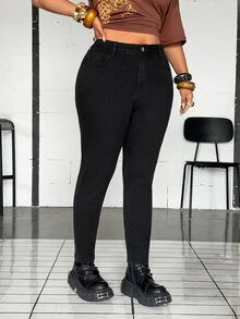 SHEIN Essnce Plus Size Women's Outdoor Commute Slim Fit Multi-Pocket Black Denim Jeans - Black - View 3