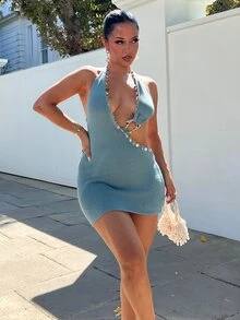 NegzBox Women's Deep V-Neck Teal Shell Trim Vacation Knit Dress,Summer Boho Holiday Outfits,Elegant Beach,,Party,Mermaid Ibiza Western Style - Green - View 1