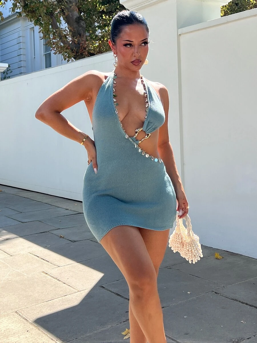 NegzBox Women's Deep V-Neck Teal Shell Trim Vacation Knit Dress,Summer Boho Holiday Outfits,Elegant Beach,,Party,Mermaid Ibiza Western Style - Green - View 1