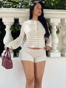 NegzBox 女式条纹休闲纽扣前上衣和短裤两件套 - 杏色 - 查看 3