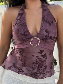 NegzBox Women's Vintage Romantic Circular Decor Backless Halter Neck Camisole Casual - Purple - View 6