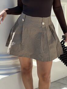 NegzBox Women's Plaid Print Fold Pleated Elegant A-Line Skirt - Khaki - View 6