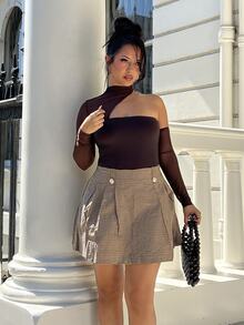 NegzBox Women's Plaid Print Fold Pleated Elegant A-Line Skirt - Khaki - View 4