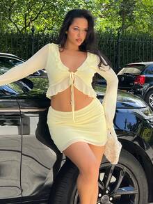 NegzBox Women's Solid Yellow Low-Waist Skirt And Ruffle Tie Cuff Long Sleeve Blouse 2 Pieces Set, Spring/Summer Elegant - Yellow - View 3