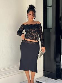 NegzBox Women's Lace Sexy Sheer Hollow Out Off Shoulder Long Sleeve Top, Wine Red Black - Black - View 1